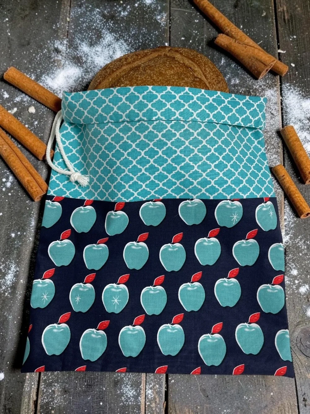 Teal Apple Print Bread Bag, Reusable Cotton Bread Bag, Sourdough Storage Bag